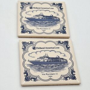 Holland American Cruise Line ms Ryndam  Blue Delft Coaster Tiles w/Cork Set 2